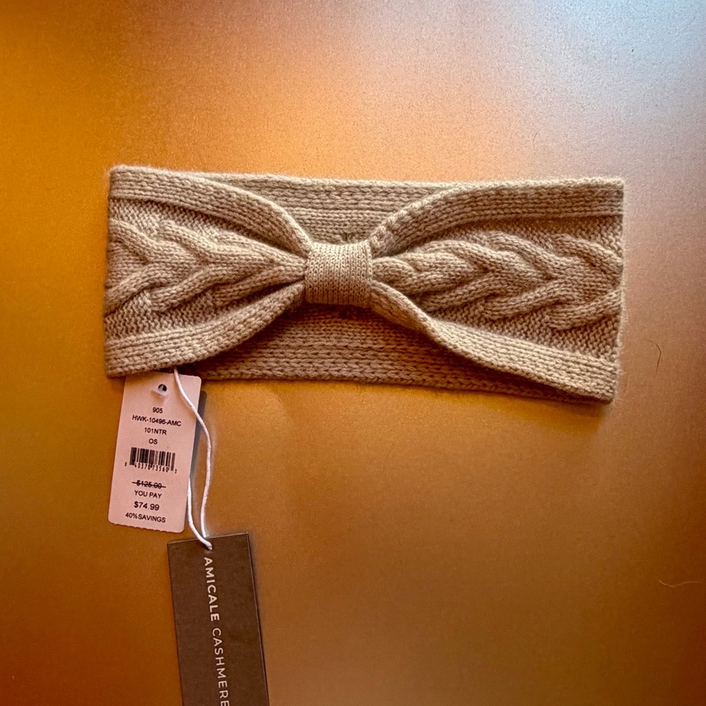 Amicale Cashmere Beige Cable Knit Headband NWT